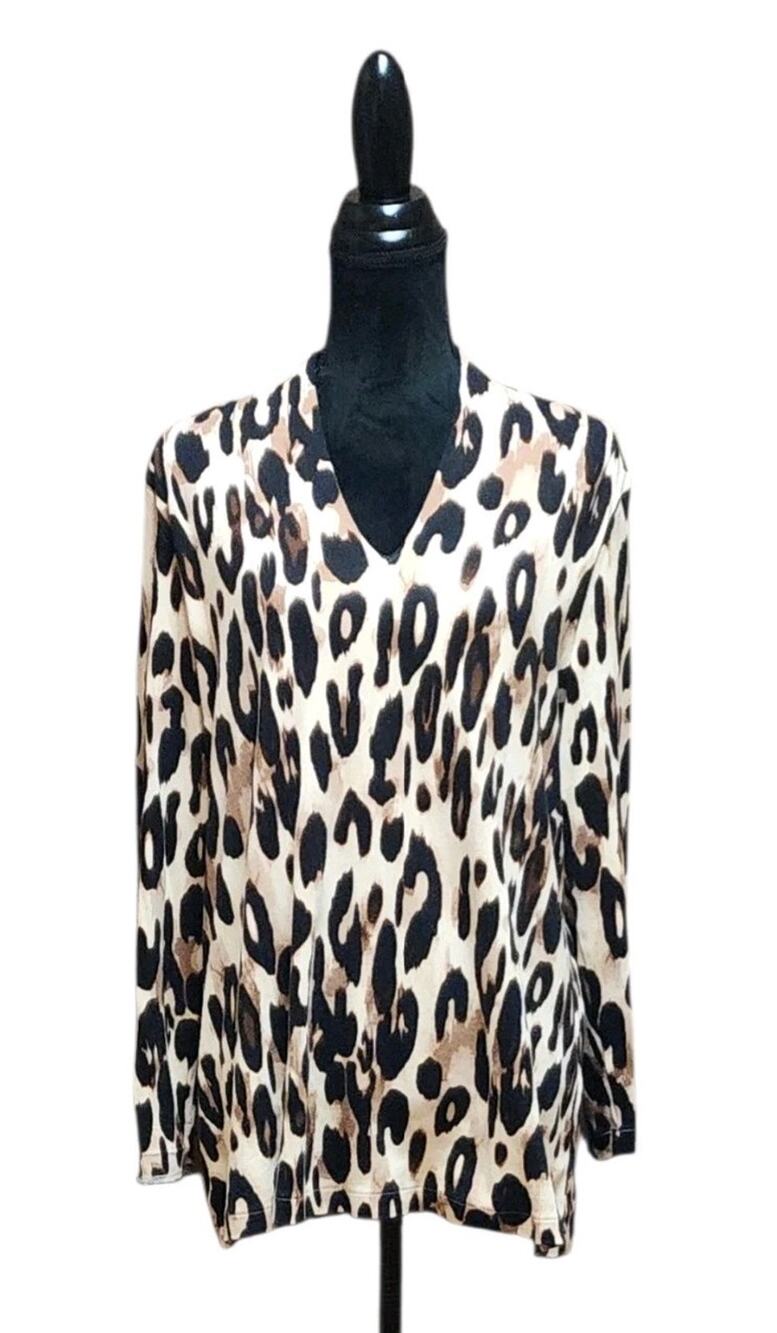 Chico's 3 Polished Animal Print Tunic Top Long Sleeve Sixe XL Shirt Pima Cotton